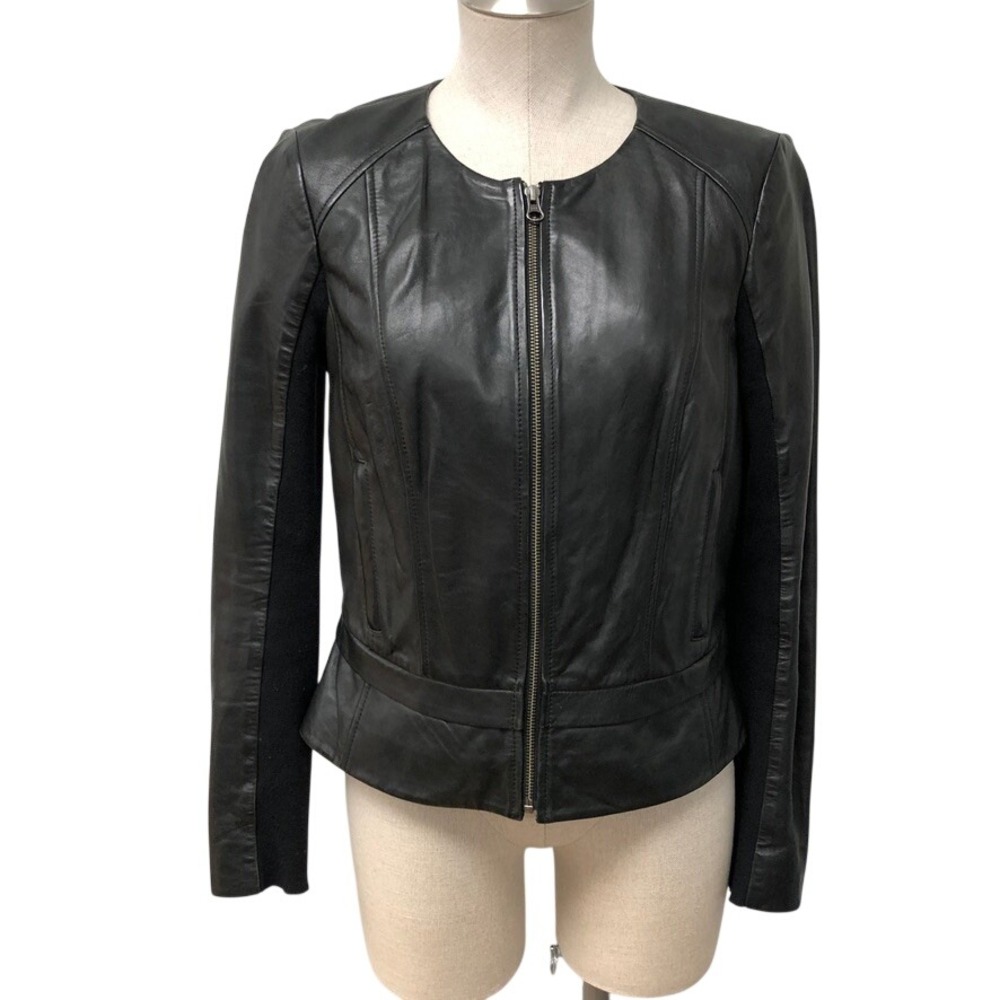 Halogen Leather Jacket Womens S Black Full Zip Ribbed Knit Trim Moto Chic